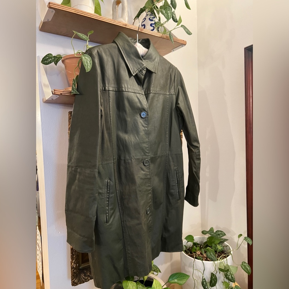 Vintage Olive Green leather trench coat from London!